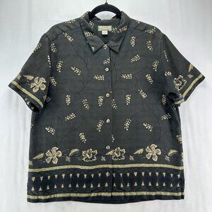 Tommy Bahama Shirt Mens Sz M Floral Print Textured Button Down 100% Silk Black